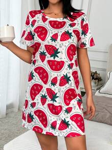 Kurzarm Rundhals Cartoon Obst Allover-Muster Schlafkleid mit Allover-Muster, lockere Kleidung