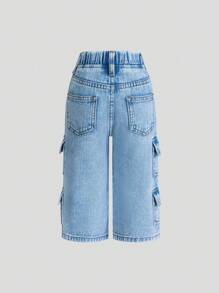 SHEIN Baby Girl Fashionable Utility Design High Street Washed Straight Leg Jeans - Medium Wash - View 2