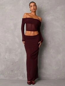 SHEIN BAE 女士酒红色纯色露肩性感透视短款上衣和长款网纱针织裙套装，优雅派对/生日/俱乐部服装，秋季两件套服装