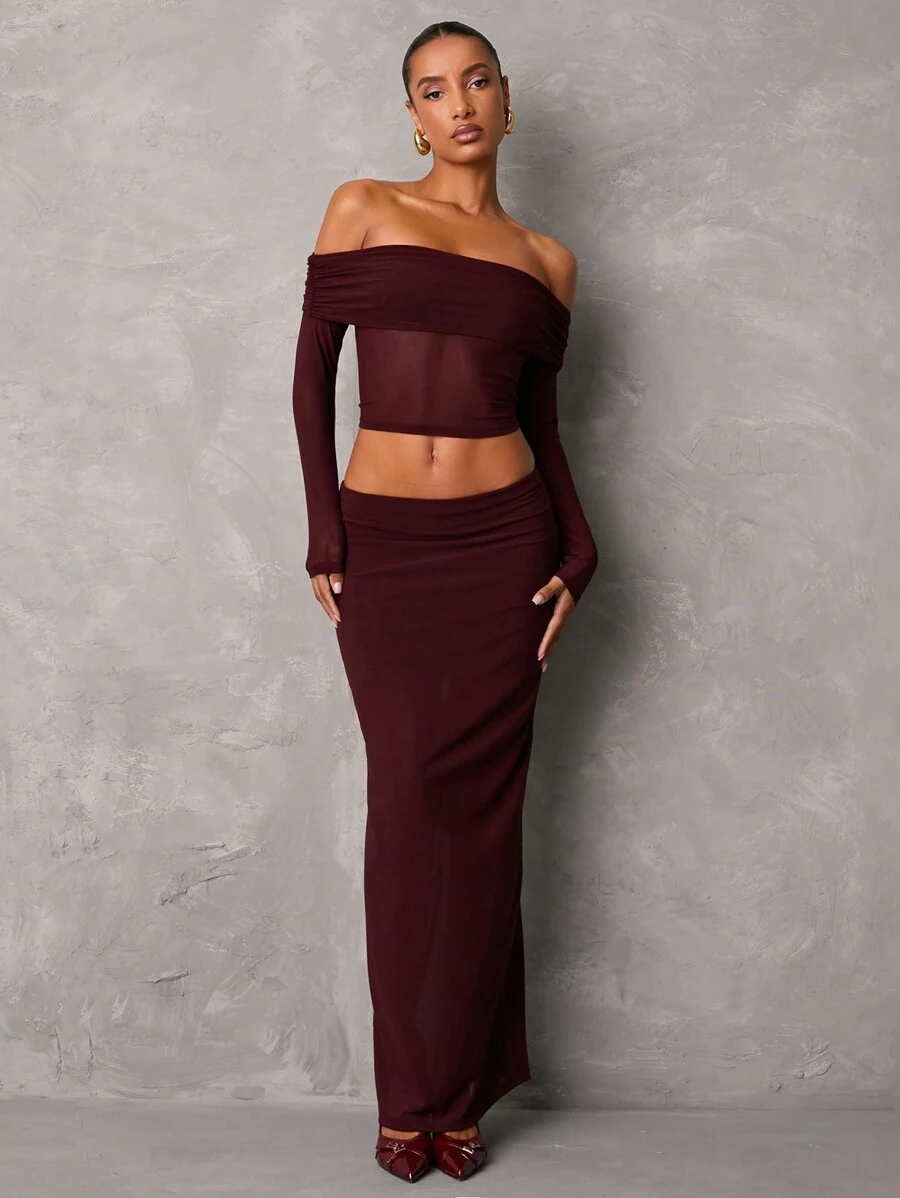 SHEIN BAE 女士酒红色纯色露肩性感透视短款上衣和长款网纱针织裙套装，优雅派对/生日/俱乐部服装，秋季两件套服装
