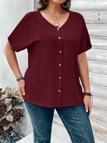 EMERY ROSE Plus Size Women's Solid Color Button Embellished Short Sleeve Shirt For Spring - Rose Red - View 6