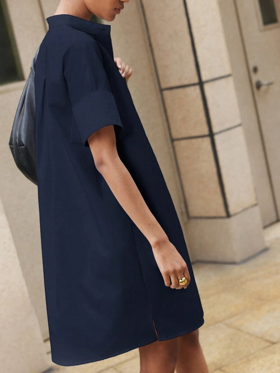 BizChic 女士休闲纯白色不透明立领纽扣前开襟衬衫裙，宽松纯棉，简约风格，适合日常休闲、通勤、商务休闲、办公室穿着 - 藏蓝色 - 查看 1