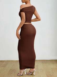 SHEIN PETITE 1 套女式不对称领口荷叶边衬衫和纯色裙子，优雅夏季服装 - 咖啡棕 - 查看 2