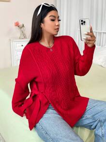 Calvaya Plus Size Women's Solid Color Simple Everyday Knitted Pullover Sweater For New Year Fall Winter - Red - View 3