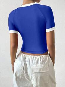 Flirla Contrast Trim Letter Printed Round Neck Short Sleeve T-Shirt Graphic Tees Women Tops - Blue and White - View 2