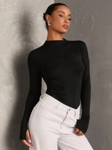 SHEIN BAE Women's Black Solid Color Comfortable Knitted Long Sleeve Minimalist Ruched Slim Fit Bodysuit, Casual & Versatile Daily Wear - Black - View 3
