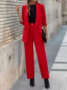 SHEIN LUNE Women Clothing Sets, Fall Shawl Collar Ruched Sleeve Blazer &Suit Pants ,Angela Red Elegant Woman Clothing