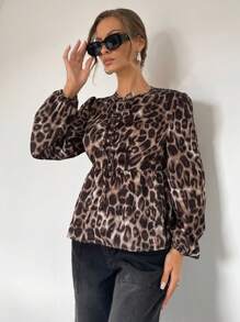 SHEIN Essnce Women's Leopard Print Satin Tie Collar Long Sleeve Shirt, Casual Vacation,Leopard Costume