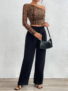 SHEIN Essnce Women's Asymmetrical Neck Long Sleeve Leopard Print Fitted T-Shirt,Chic Autumn Brown Checkered Crop Top Night Out Rave Festival Outfits Elegant Tops - Multicolor - View 4