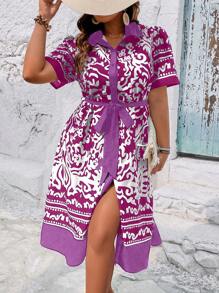 Breezaya Plus Size All-Over Print Front Button Belted Short Sleeve Dress
