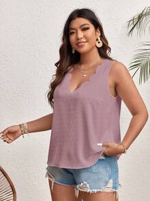 SHEIN VCAY Plus Size Nữ Màu Trơn Đơn Giản Hàng Ngày Có Viền Cổ Áo Không Tay - Bụi hồng - Xem 6