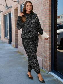 SHEIN Clasi 2pcs Plus Size Women Plaid Zip-Up Jacket & Pants Set