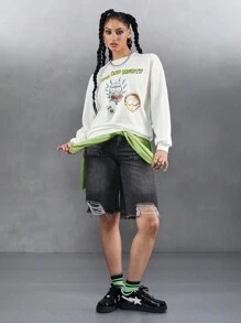 Rick and Morty X SHEIN 1 pièce Sweatshirt ample à encolure ras du cou, avec personnage de dessin animé et imprimé de lettre, avec épaules tombantes, style casual, pour femmes, printemps et automne