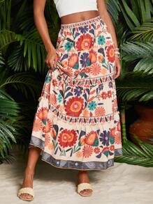 Travachic Floral Print Ruffle Hem Summer Beach Women's Skirt - Multicolor - View 2