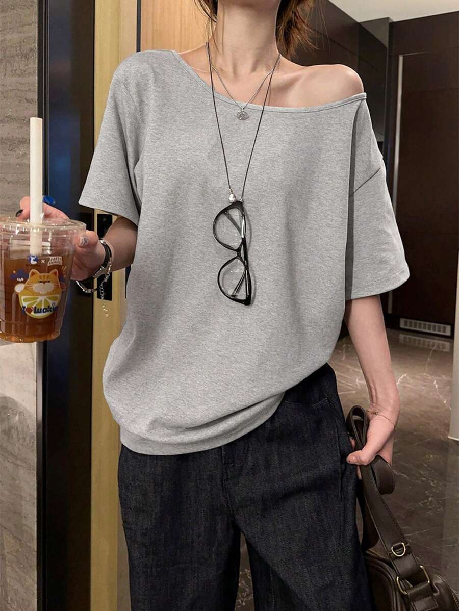 INAWLY Women's Asymmetrical Neck Short Sleeve Solid Color Minimalist Elegant T-Shirt