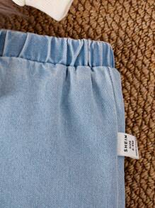 2pcs Baby Girls Chinese Style Embroidered Button Sweatshirt And Denim Jeans Set, Spring/Autumn