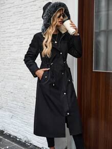 SHEIN LUNE Long Fleece Hooded Black Regular Jacket Warm Hooded Coat In Fall/Winter