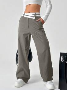 SHEIN EZwear Quần ống đứng cạp bất đối xứng có túi, thường ngày - Màu Xám nhạt - Xem 6