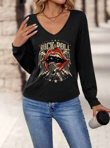EMERY ROSE Camiseta de manga larga de cuello en V sencilla casual para mujer con estampado de labios rojos, alas y instrumentos musicales de música country, camiseta gráfica de otoño e invierno - Negro - Ver 5