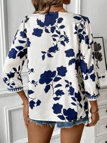 Calvaya Floral Print Women's V-Neck Pullover Mid-Length Casual Shirt
