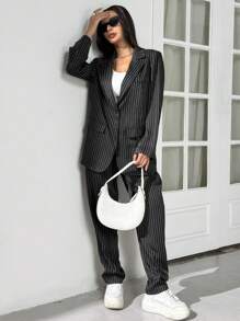 SHEIN EZwear 2 piezas Conjunto de traje de negocios a rayas negro y blanco, chaqueta y pantalones, otoño e invierno - Blanco y Negro - Ver 6