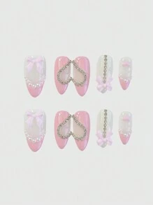 10 piezas de uñas postizas con lazos hechos a mano de alta calidad + 3 láminas de adhesivo doble cara, pegatinas de uñas con corazones de strass, lazos desmontables y diseño de corazón, adecuado para fiestas, baile y uso diario de uñas postizas