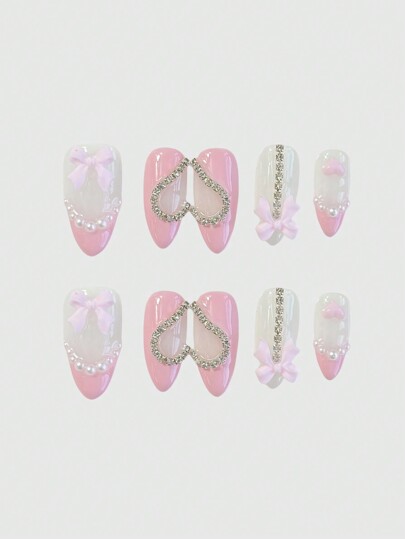 10 Pcs High-Quality Handmade Bowknot False Nails + 3 Sheets Double-Sided Adhesive, Cute Rhinestone Heart Nail Stickers, Detachable Bowknot & Heart Design, Suitable For Holiday Parties, Dancing, And Daily Wear Fake Nails, Press On Nails