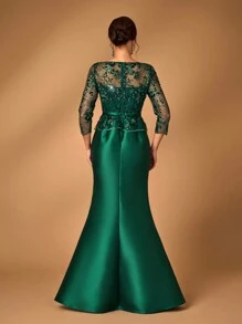 SHEIN Belle 女士优雅高贵亮片弹力针织面料圆领中长袖蕾丝花边鱼尾款连衣裙适合妈妈参加婚礼活动、晚宴、舞会、正式妈妈礼服妈妈晚礼服、新娘妈妈礼服 - 墨綠色 - 查看 4