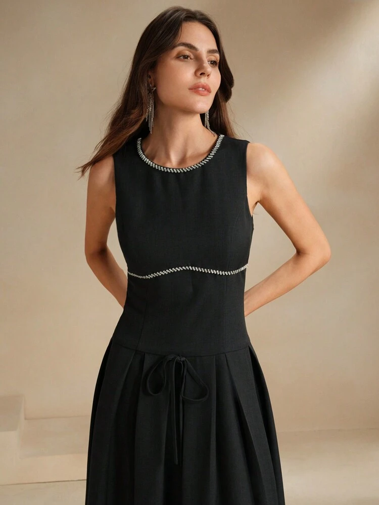 Women's Spring/Autumn French Style Waist Cinched Rhinestone Decoration Grey Sleeveless Dress