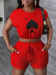 Slaydiva Women's Crew Neck Short Sleeve Graphic Printed T-Shirt And Drawstring Pocket Shorts Set - Red - View 4