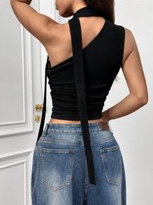 Muchica 女士不对称领口无袖褶饰优雅黑色上衣 - 黑色 - 查看 2