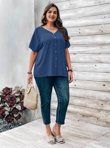 EMERY ROSE Plus Size Women's Blue Button Embellished Short Sleeve Shirt For Spring - Blue - View 5