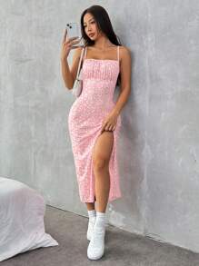 SHEIN EZwear 女式花卉印花针织侧开衩长款吊带连衣裙，度假 - 淺粉色 - 查看 2