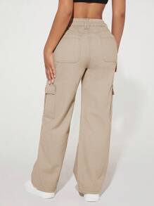 SHEIN PETITE Women's Baggy Utility Pocketed Wide Leg Casual Loose Fitting Jeans - Khaki - View 2