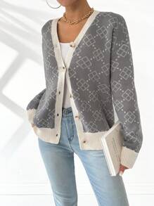 Chiquease Cárdigan de mujer casual de primavera y otoño con patrón geométrico de color contrastante