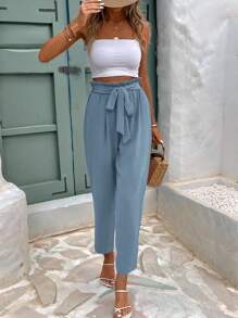 SHEIN Frenchy Pantalones largos casuales para mujeres con cintura ajustable de cordón y color sólido para uso diario