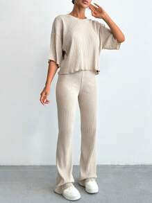 SHEIN Tall Enkel Summer Solid Loose Drop Shoulder Kortärmad topp och raka byxor - Beige - Visa 3