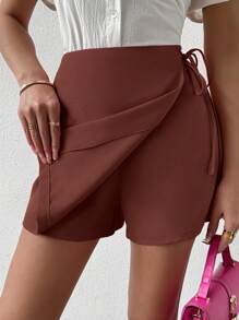 Chiquease 女士纯色侧系带不对称下摆休闲裤裙 - 鏽棕色 - 查看 4