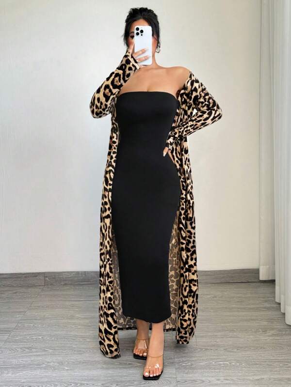 SHEIN SXY 2 buc. Jachetă maxi cu mâneci lungi și set de rochii bodycon cu imprimeu leopard, primăvară, vară, imprimeu ghepard
