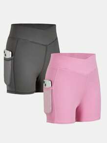 2 pièces Short cycliste en tricot unicolore pour préadolescentes, décontracté - Rose orangé - Voir 1