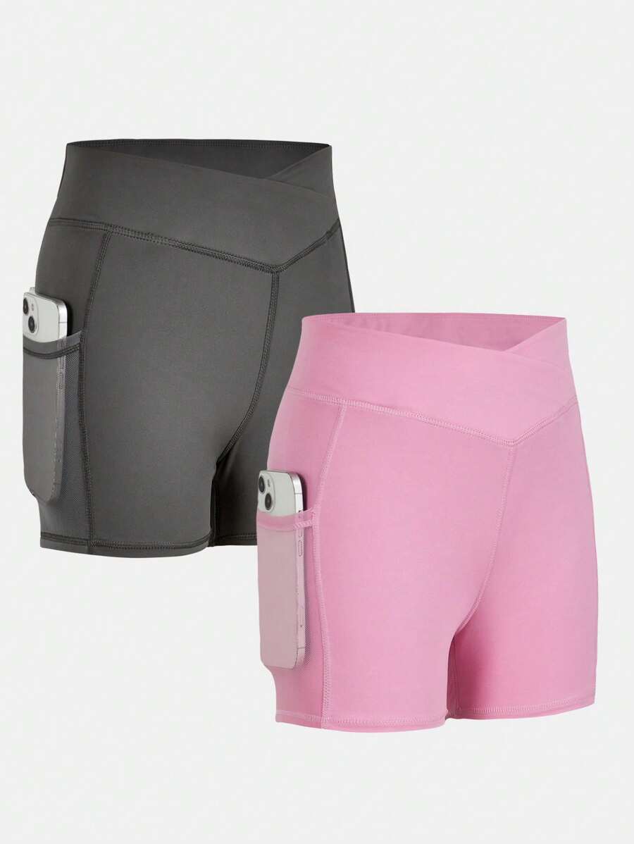 2 pièces Short cycliste en tricot unicolore pour préadolescentes, décontracté - Rose orangé - Voir 1