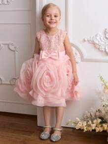 SHEIN Glamorique Kids Girls Princess Sequined Floral Midi Dress For Christmas Party, Wedding And Special Occasion