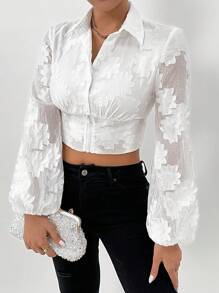 SHEIN x Carly Lawrence Chiquease 女士纯色前扣、腰部收紧、灯笼袖、提花长袖衬衫