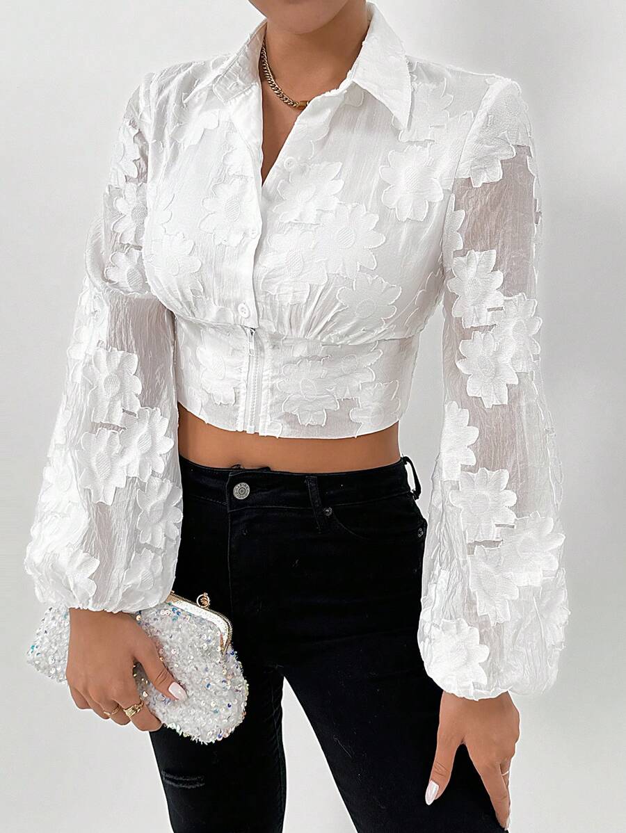 SHEIN x Carly Lawrence Chiquease 女士纯色前扣、腰部收紧、灯笼袖、提花长袖衬衫