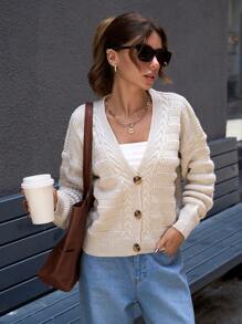 EURMUSE Elegant  Cable Knit Detailed V Neck Texture Knit Cardigan With Button - Beige - View 1
