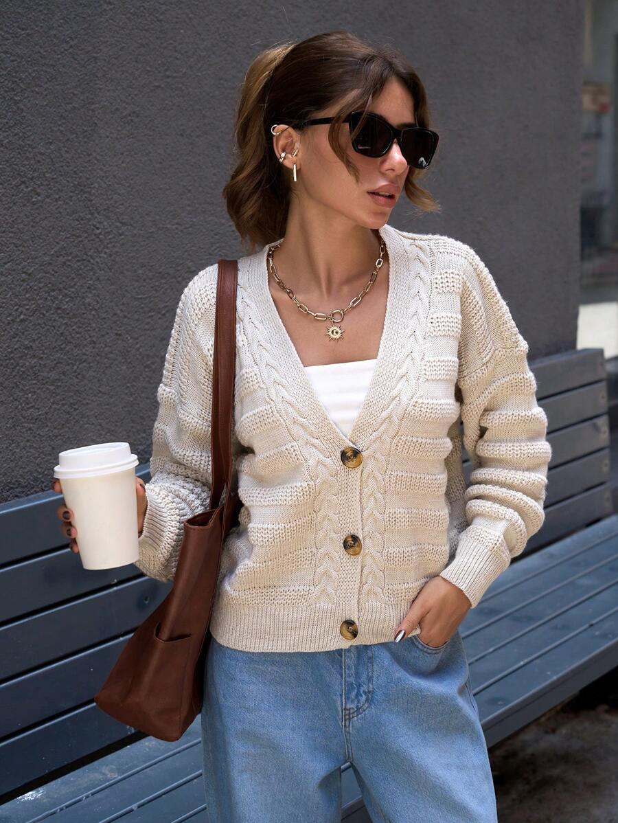 EURMUSE Elegant Cable Knit Detailed V Neck Texture Knit Cardigan With Button - Beige - View 1