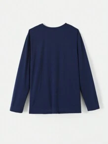 SHEIN Leap Crew 2pcs/Set Teen Boys' Urban Casual Simple Letter Embroidered Plaid Pocket Long Sleeve T-Shirt & Straight Leg Plaid Pants Pajama Set - Blue - View 2