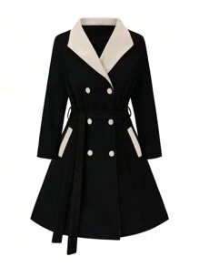 SHEIN Clasi Plus Size Autumn Winter Casual Contrast Color Lapel Double-Breasted Overcoat