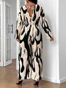 SHEIN Frenchy Plus Size Casual Random Print Batwing Jumpsuit,Office Wear, Spring Autumn - Black and White - View 2