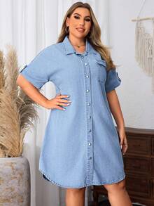 SHEIN LUNE Plus Size Mùa Hè Thường Ngày Nút Phía Trước Váy Denim Tay Ngắn - Rửa nhẹ - Xem 2